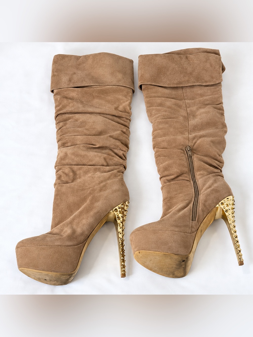 Women’s Over Knee Platform Boots Gold Spike Stiletto Heels Beige 8.5